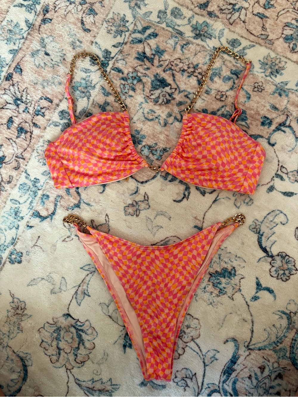 l*space Pink and Orange Checkerboard Chain Strap Bikini